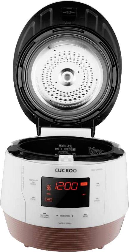 A rice cooker with a digital display and an open lid shows the time as 12:00.