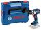 A blue Bosch cordless drill with an ergonomic handle is placed beside a matching blue Bosch carrying case.
