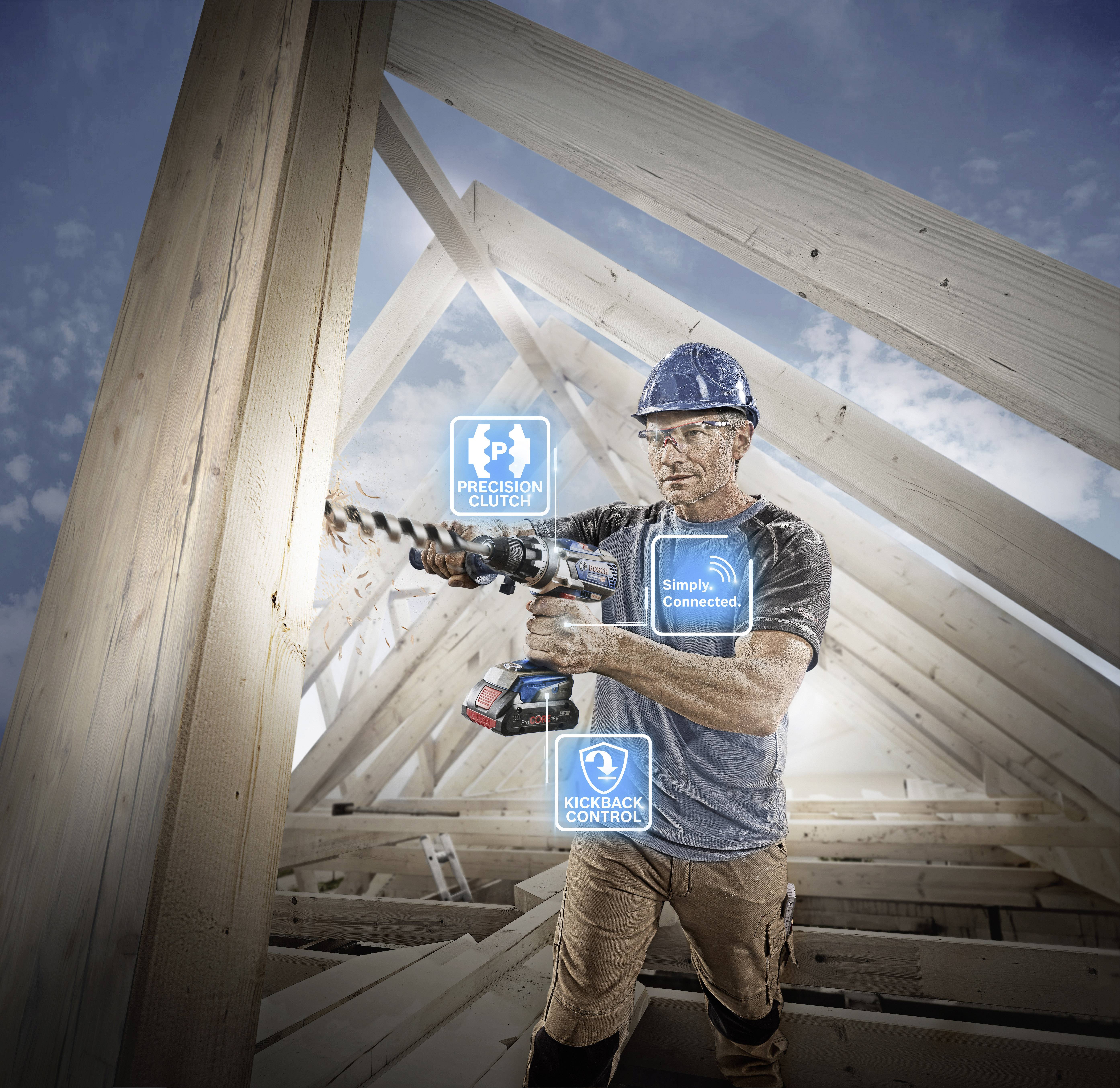 A construction worker is drilling into a wooden frame with a cordless drill. Symbols indicate 'Precision Clutch' and 'Kickback Control'.