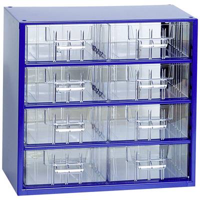 A blue storage cabinet with five rows of pull-out, transparent drawers, suitable for small tools or components.