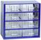 A blue storage cabinet with five rows of pull-out, transparent drawers, suitable for small tools or components.