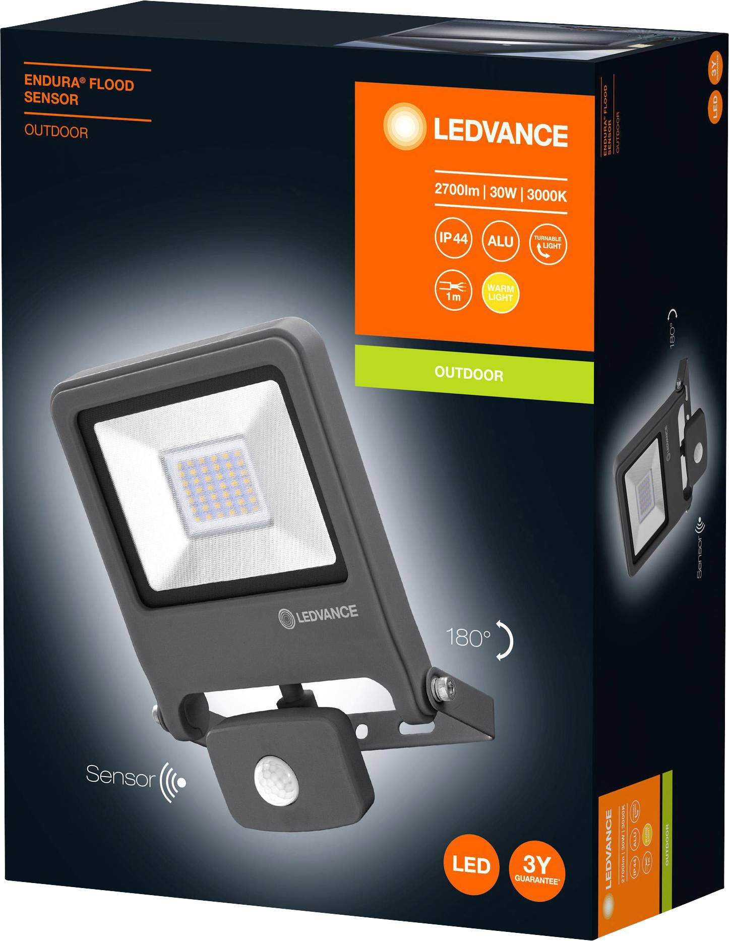 LED Outdoor Floodlight Packaging. Brand 'LEDVANCE', Model 'ENDURA Flood Sensor', 30W, IP44, 2700lm, 3000K, with Motion Sensor. Suitable for Outdoor Areas.