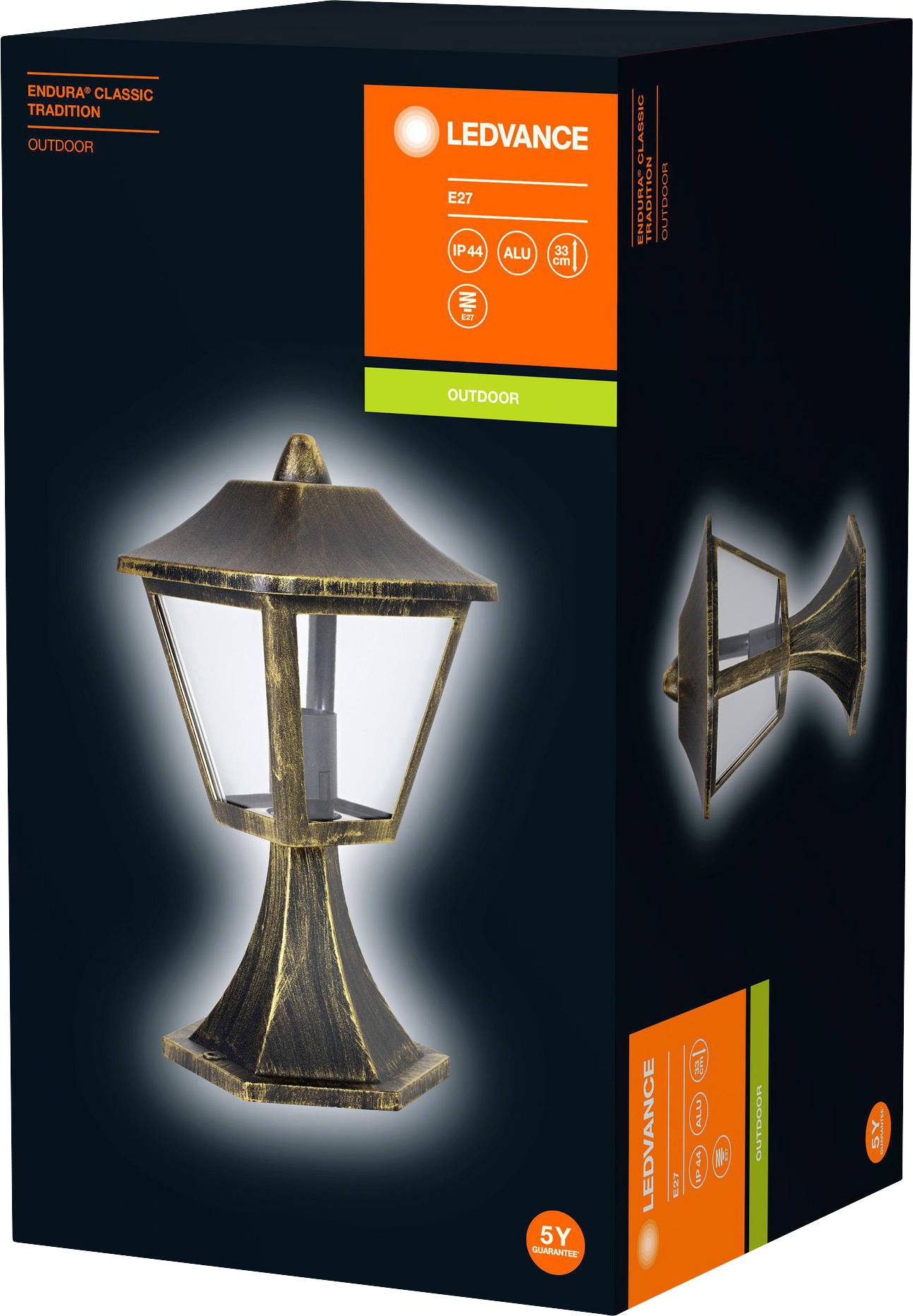 An exterior light in the classic lantern style, depicted on packaging, suitable for outdoor use, with an E27 socket.