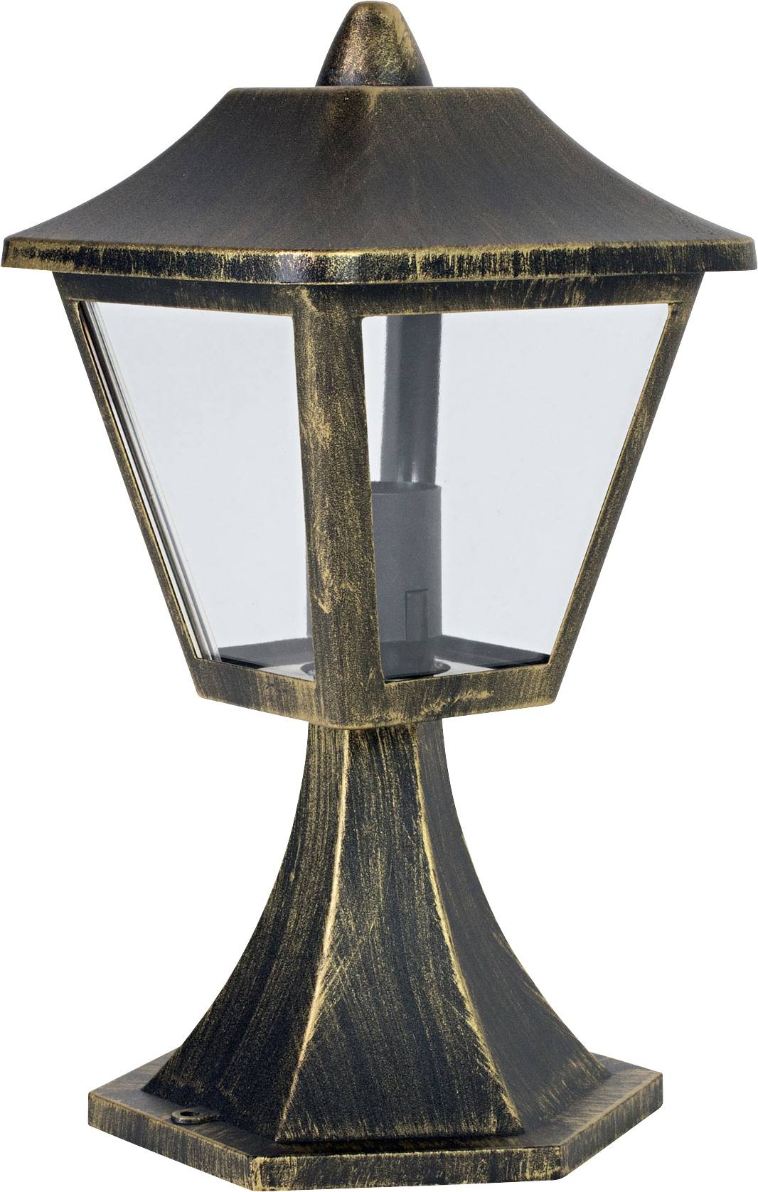 A rustic, bronze-coloured outdoor lantern with clear glass panels. Perfect for decorative garden lighting.