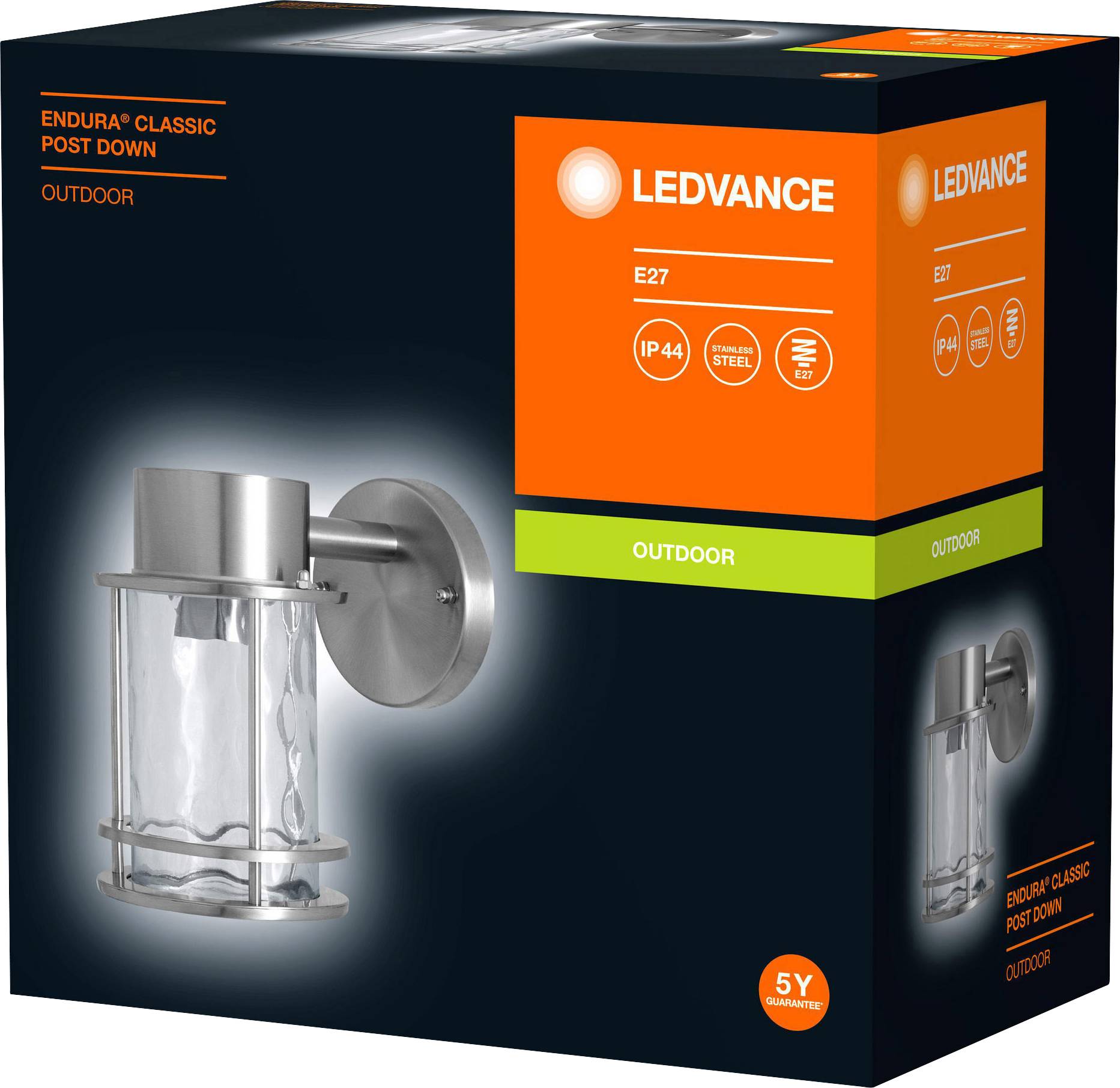 Outdoor light by Ledvance in stainless steel finish, model 'Endura Classic Post Down'. Suitable for E27 light bulbs, protection class IP44.