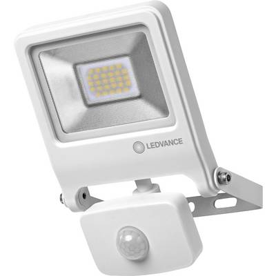 A Ledvance LED outdoor floodlight with motion sensor in a white housing, suitable for illuminating exterior areas.