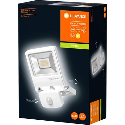 'LEDVANCE LED Floodlight with Sensor for Outdoor Use, 20 W, 1700 lm, 3000 K, IP44, Adjustable, 3 Year Warranty. Packaged with Illustration.'