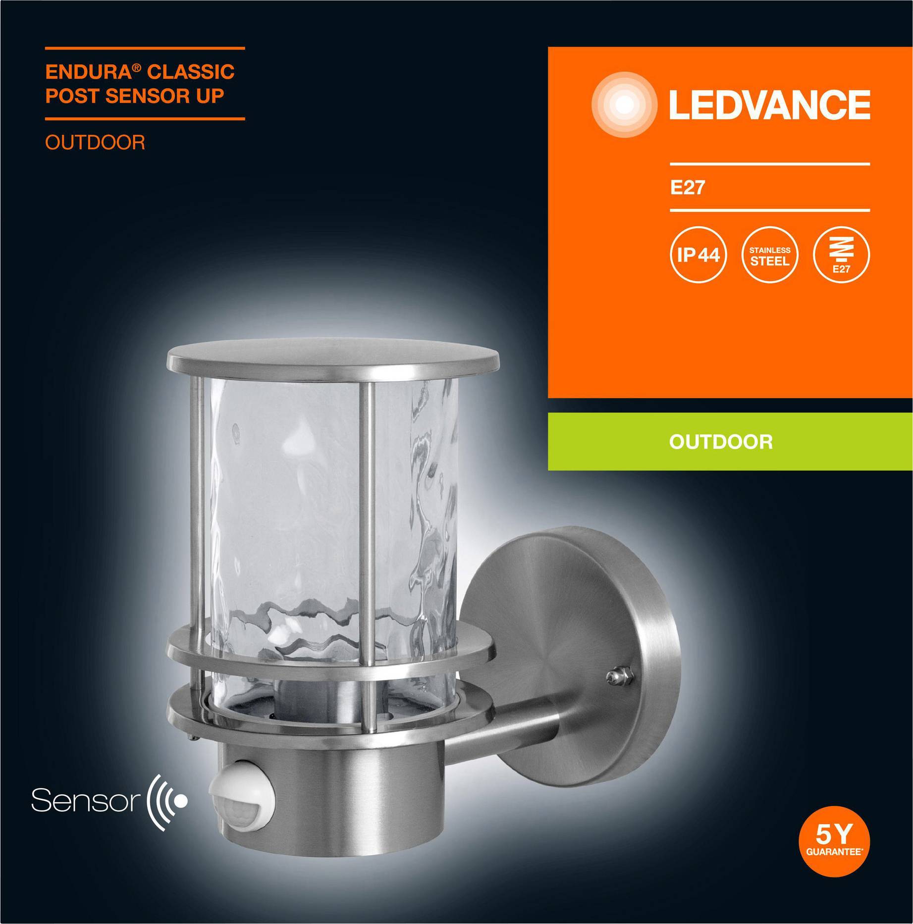 Stainless Steel Wall Light with Glass and Sensor by LEDVANCE. IP44 Protection Rating for Outdoor Use. Model: Endura Classic Post Sensor Up.