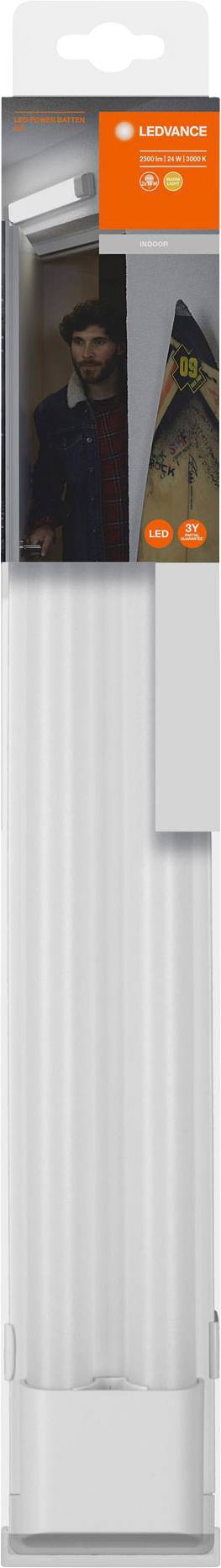 'LED Wall Light with Motion Sensor, 1200mm, 950 lumens, neutral white.' Packaging shows an image of a man beneath the light.