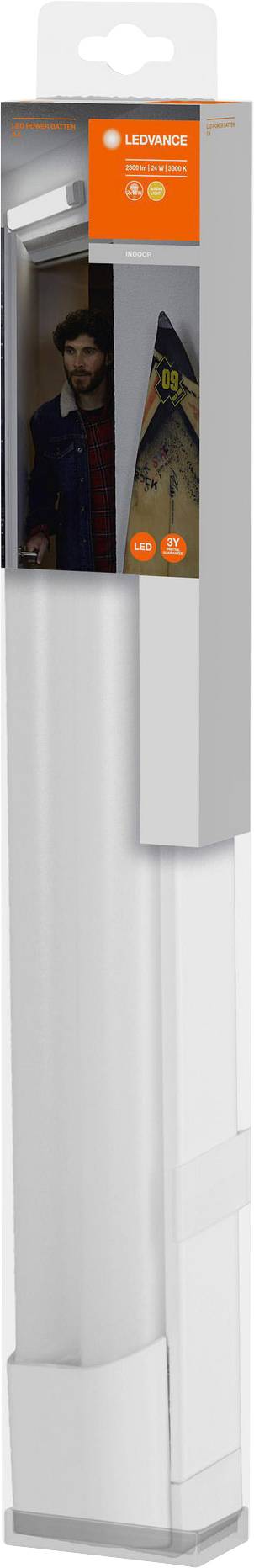 Packaging for an LED light by the brand 'Ledvance', depicting an image of a man in an entrance area.