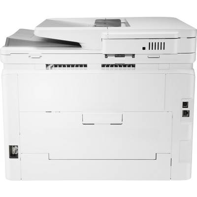A white multifunction printer, side view. It has control buttons on top and connections at the rear, suitable for office environments.