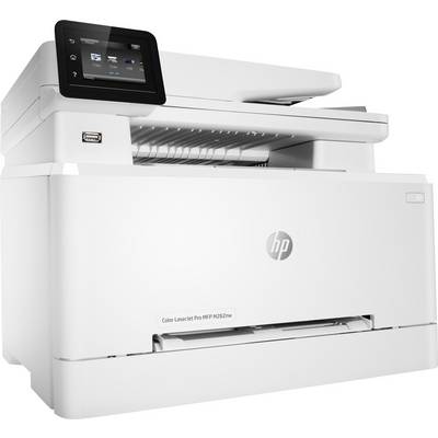 A white HP Color LaserJet Pro printer with a digital control panel located top left, suitable for offices or home offices.