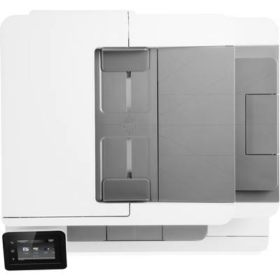 Multifunction printer with touchscreen control panel and paper tray. Suitable for printing, scanning, and copying in office environments.