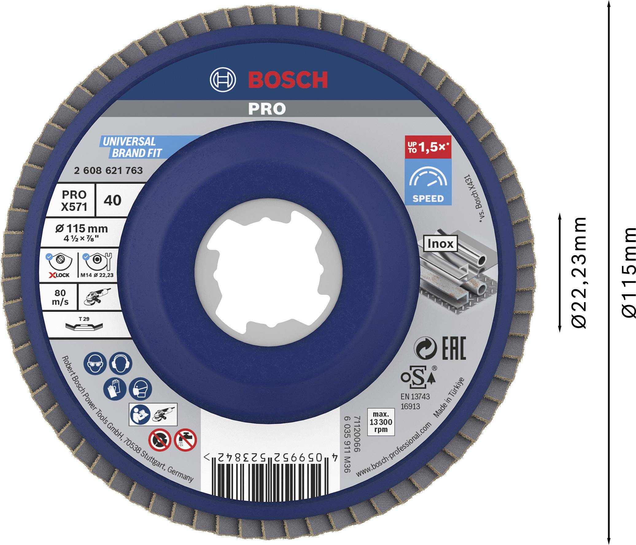 Bosch flexible disc, model PRO X571, diameter 115 mm, suitable for metalworking. Contains safety and usage symbols.
