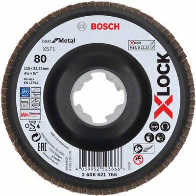 Bosch cutting disc, Model X571, suitable for metal. 115 mm diameter, 80 grit. Central hole for secure mounting.