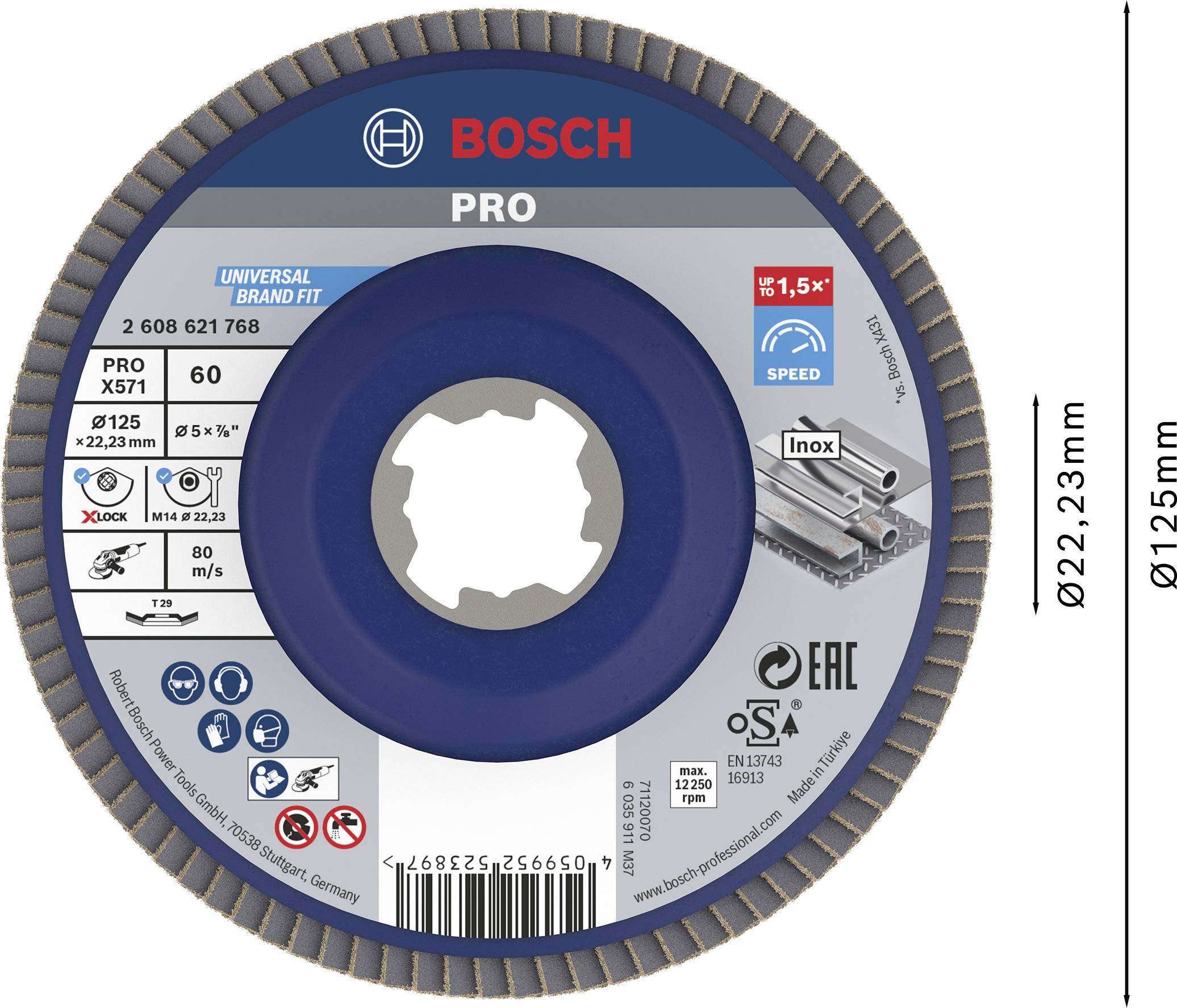 Grinding disc from Bosch, blue with metal core. Labeling: 'PRO', 'Universal Brand Fit', '60'. Diameter 125 mm. Suitable for stainless steel.