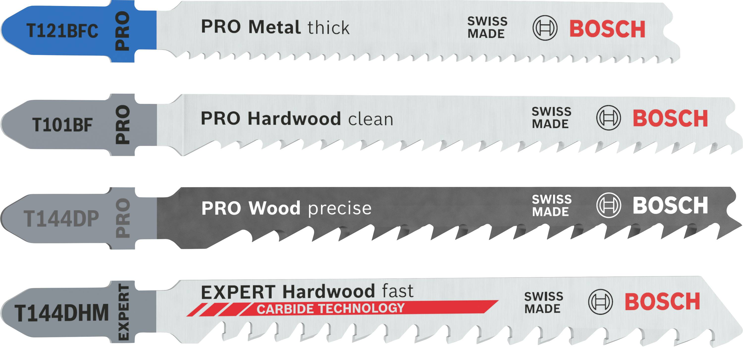 Five jigsaw blades for different materials: metal, hardwood and wood. Brand name 'Bosch' and 'Swiss Made' visible.