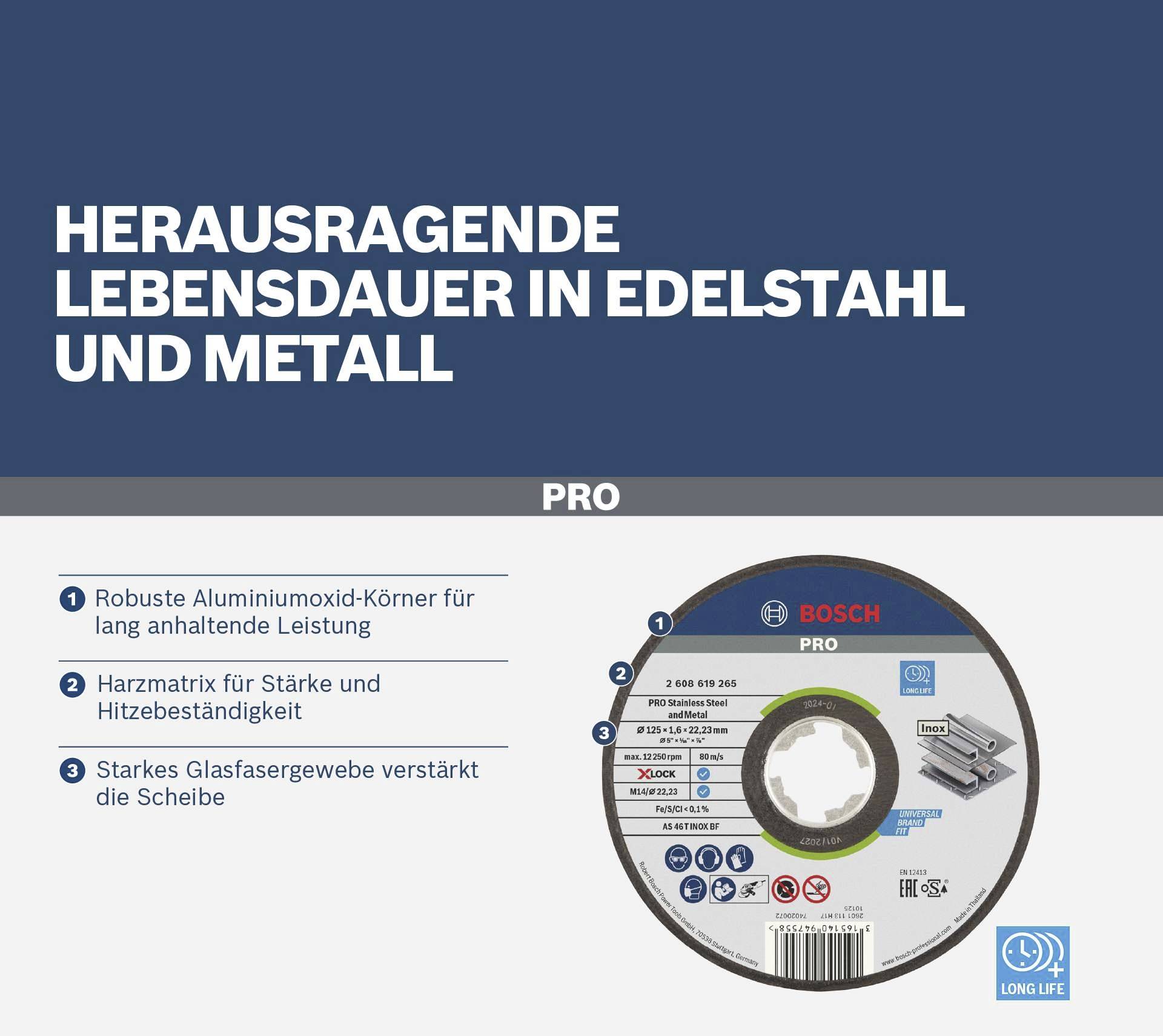 'Outstanding Durability in Stainless Steel and Metal'. Grinding disc with long-lasting aluminium oxide grains, glass fibres, resin matrix.
