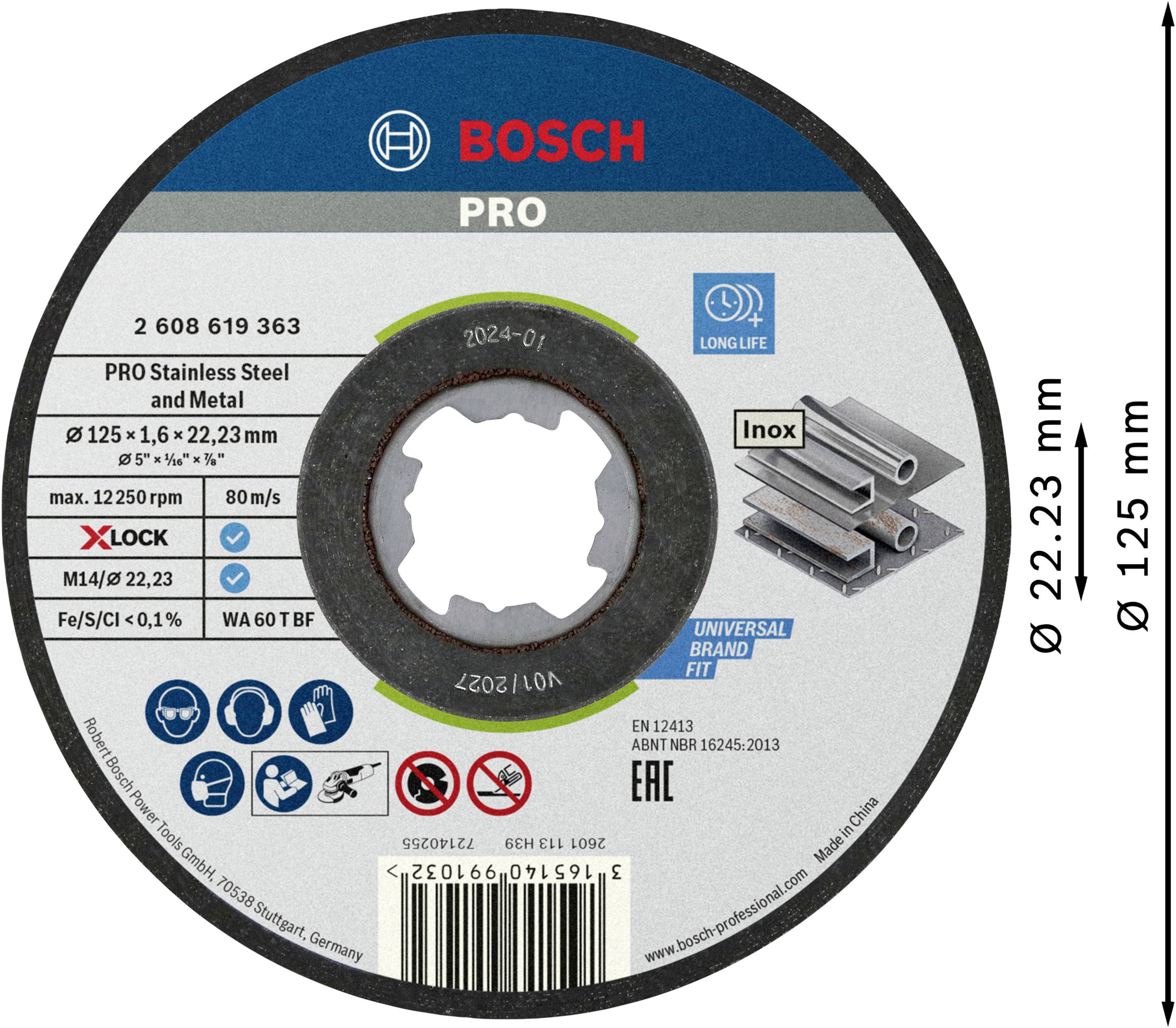 Bosch grinding disc for stainless steel and metal, diameter 125 mm, thickness 1.6 mm, with X-LOCK system and long service life.