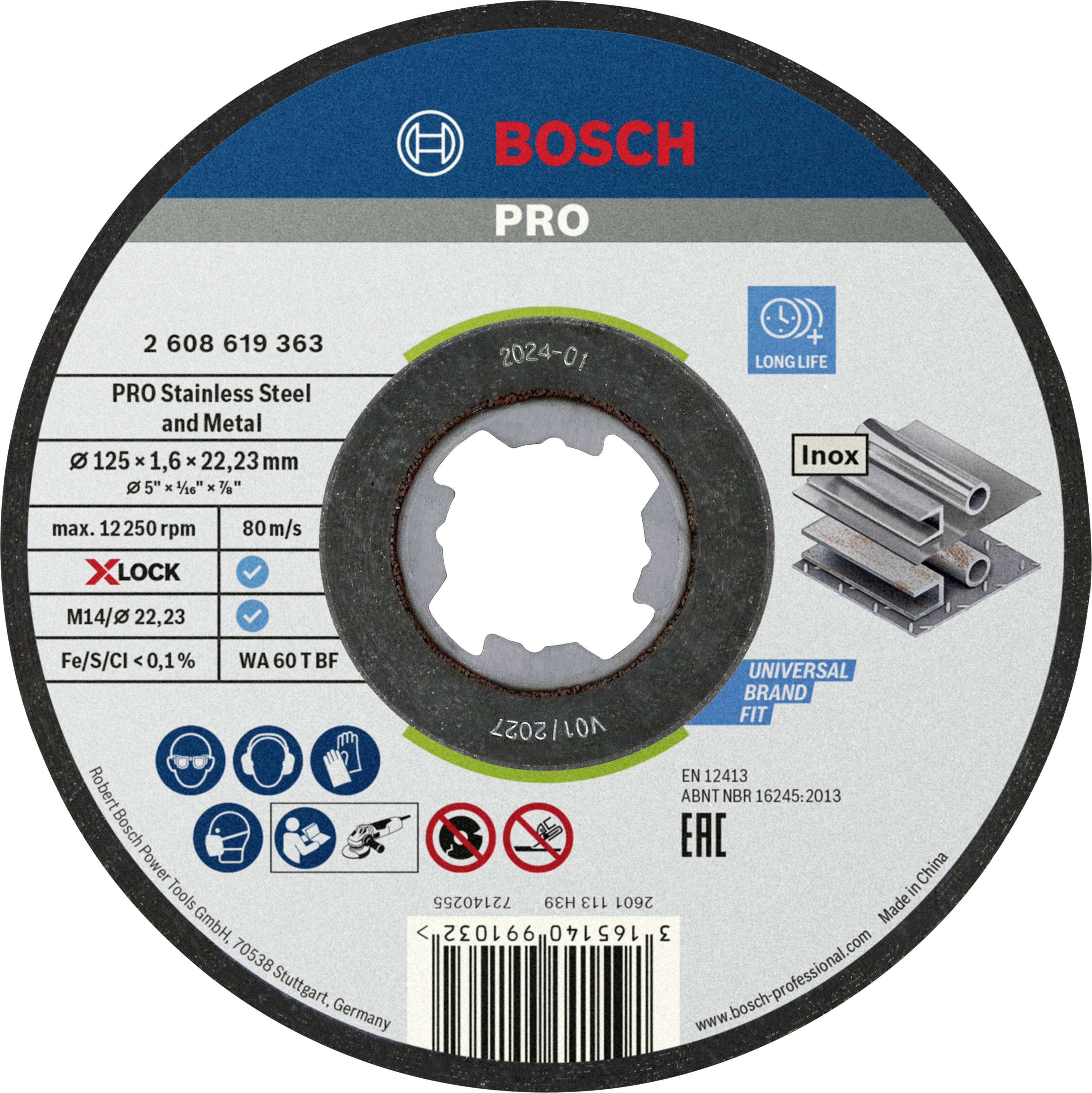 Bosch grinding disc for stainless steel and metal, diameter 125 mm, height 1.6 mm, with information on speed and safety symbols.