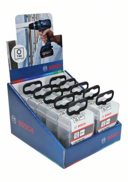 A shelf displaying Bosch tool boxes for drill bits, presented in a blue packaging with the red Bosch logo, shows a drill in action.
