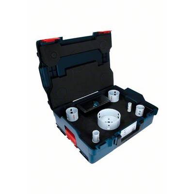 Open toolbox with various hole saws. The hole saws are in different sizes and are mounted on the case lining.
