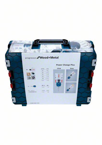 Toolkit with 'Progressor Wood+Metal' inscription, containing drills and accessories for woodworking and metalworking.