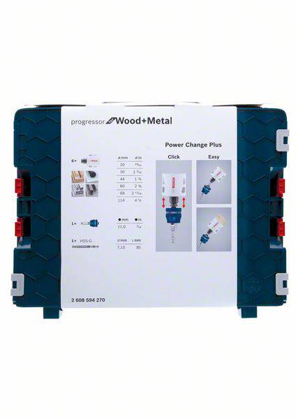 Drill bit set packaging with a blue plastic case, label displaying various drill bit types, performance specifications, and applications for wood and metal.