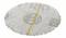 A round mesh implant with a central seam is shown, often used for medical applications such as hernia repairs.