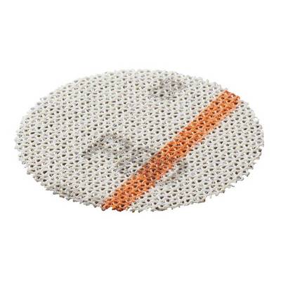 A round, white sanding mesh with a diagonal orange marking.