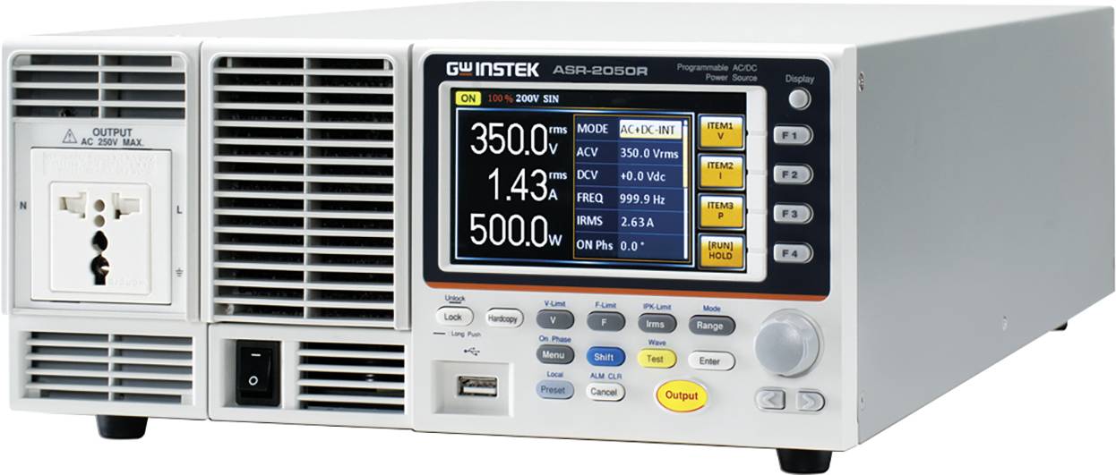 A programmable DC power supply with a digital display showing voltage, current, and other settings.