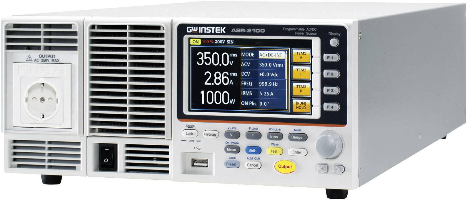 A laboratory power supply with digital displays shows 350.0V, 2.86A and 1000W. It has several buttons and connections on the front panel.