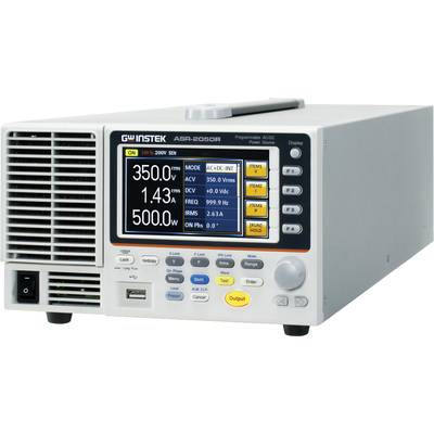 An electronic measuring device with a display screen shows readings for voltage, current, and frequency. It has various control buttons.