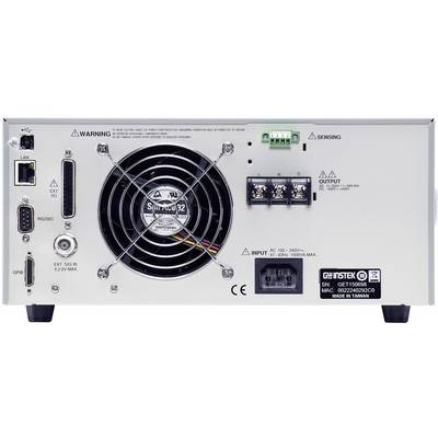 Back of an electronic device with a fan, ports, and warning labels. Includes input and output options along with voltage specifications.