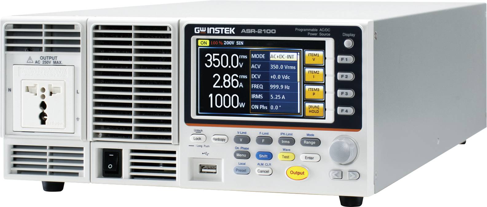 A programmable DC power supply with a digital display shows parameters such as current, voltage, and power. Control buttons on the right.
