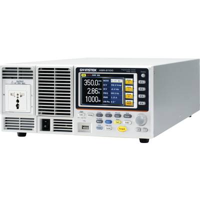 A programmable DC power supply with a digital display shows parameters such as current, voltage, and power. Control buttons on the right.