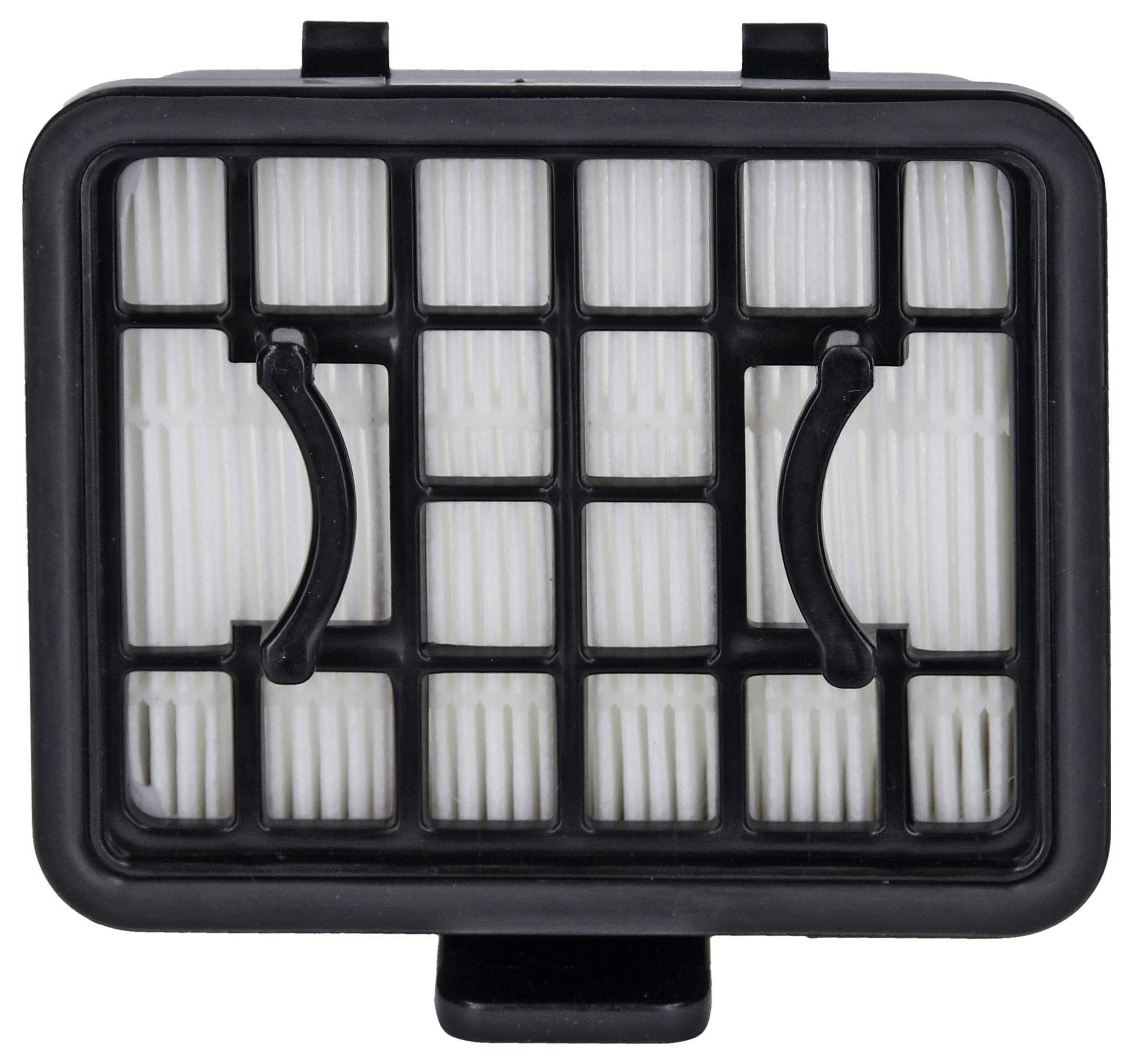 Air filter with a black frame and white pleats, used in devices for removing particles from the air.