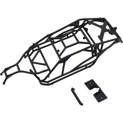 Black metal frame of a model car, consisting of a complex lattice structure. Two smaller, rectangular parts are lying beside it.
