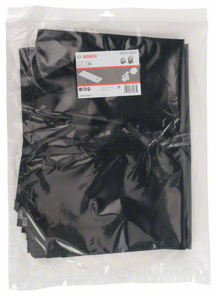 A plastic bag containing several black Bosch sanding sheets, labelled with product details and usage information.