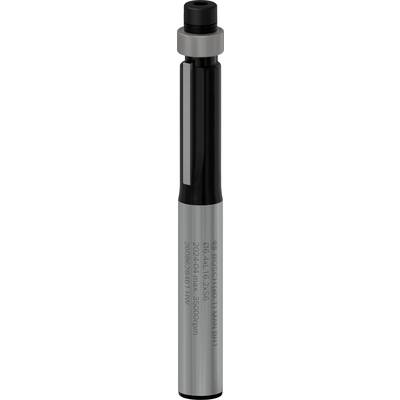 A cylindrical metal pin with a screw thread and engraving. The form and size suggest a function in machining.