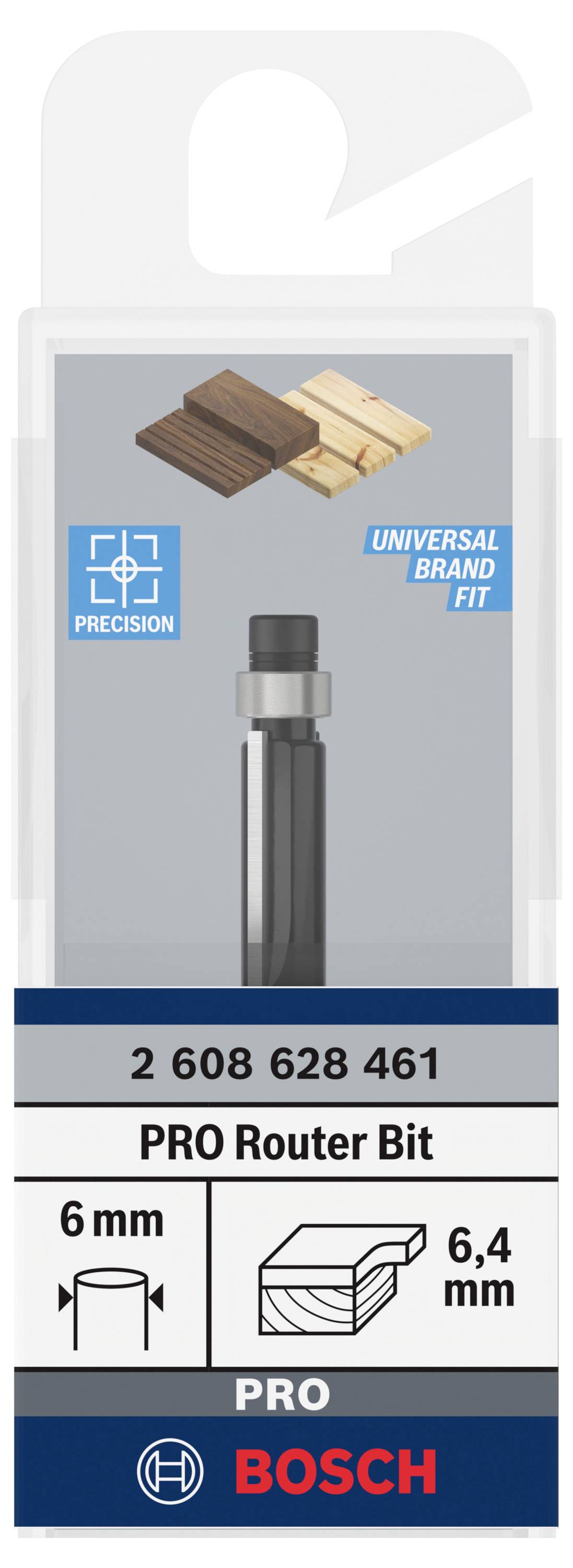 High-precision Bosch router bit, suitable for wood types, with 6.4 mm cutting diameter; suitable for professional applications.