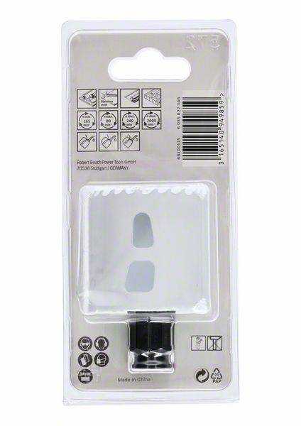 Packaging for a saw blade with multiple symbols at the top indicating applications and properties. 'Made in China' printed at the bottom of the packaging.