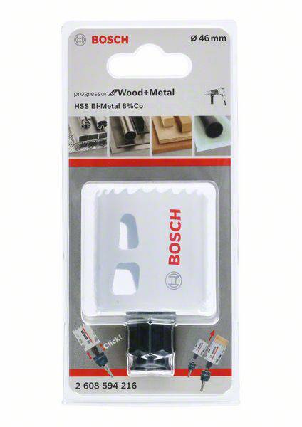Packaging of a Bosch hole saw for wood and metal, Ø 46 mm, progressor, with HSS Bi-Metal 8% Co, shows an illustrated example.
