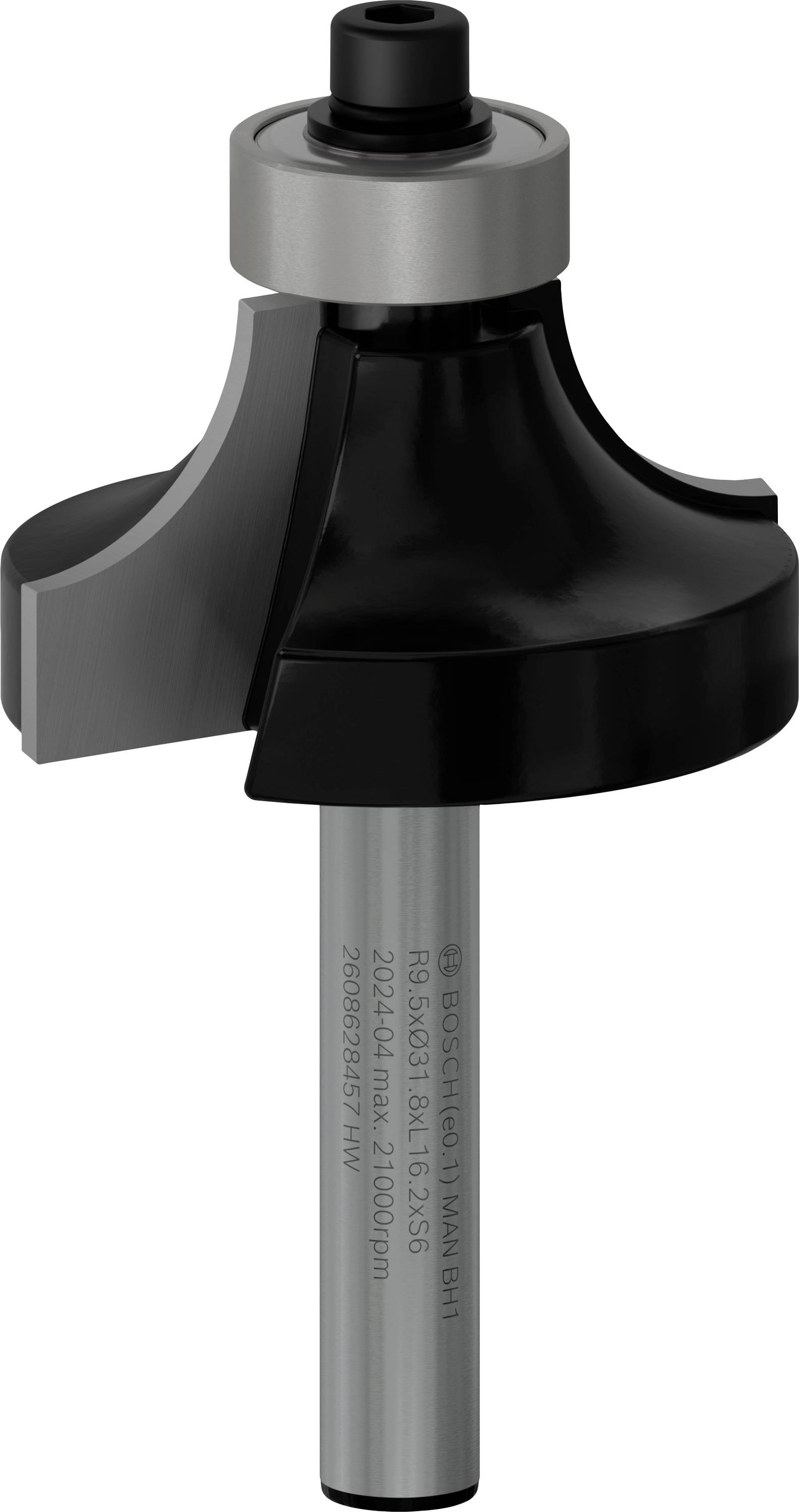 'Router with ball bearing on top, suitable for woodworking. Cylindrical shaft with sharp blade, ideal for precise edge finishing.'