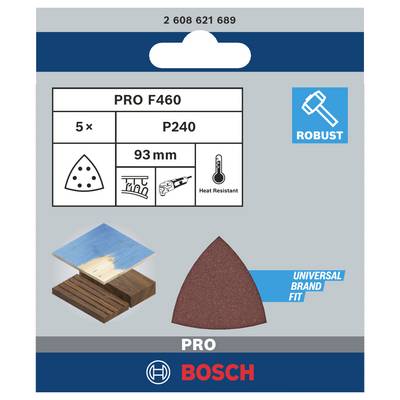 Pack of sanding sheets, 93 mm triangular shape, P240 grit, 5 pieces. Brand name and universal compatibility for heat-resistant sanding.