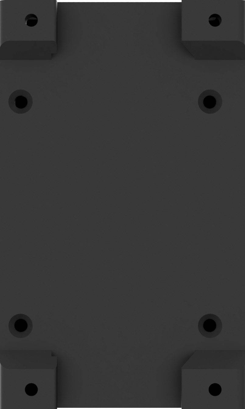 Black rectangular metal plate with rounded corners and multiple holes for screw mounting.