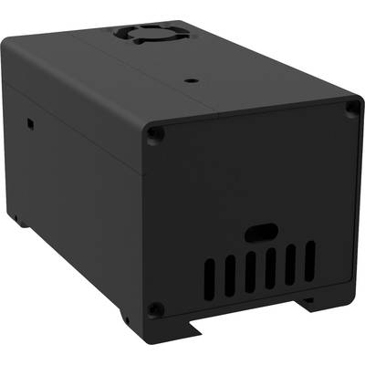 A rectangular, black box with ventilation slots and a fan on the top, possibly a technical device.