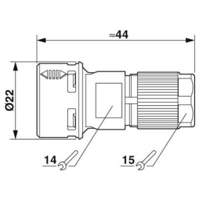 Connector sketch with dimensions: Length approx. 44 mm, diameter 22 mm. Screw sizes 14 and 15 mm are indicated.