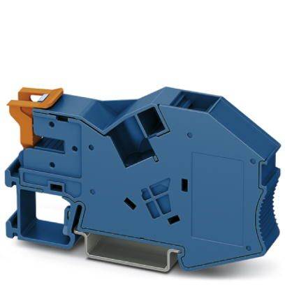 A blue electrical terminal block with orange details, used for connecting cables in electrical control cabinets.