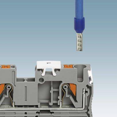 A blue cable shoe is shown over a grey, open terminal block, ready for installation.